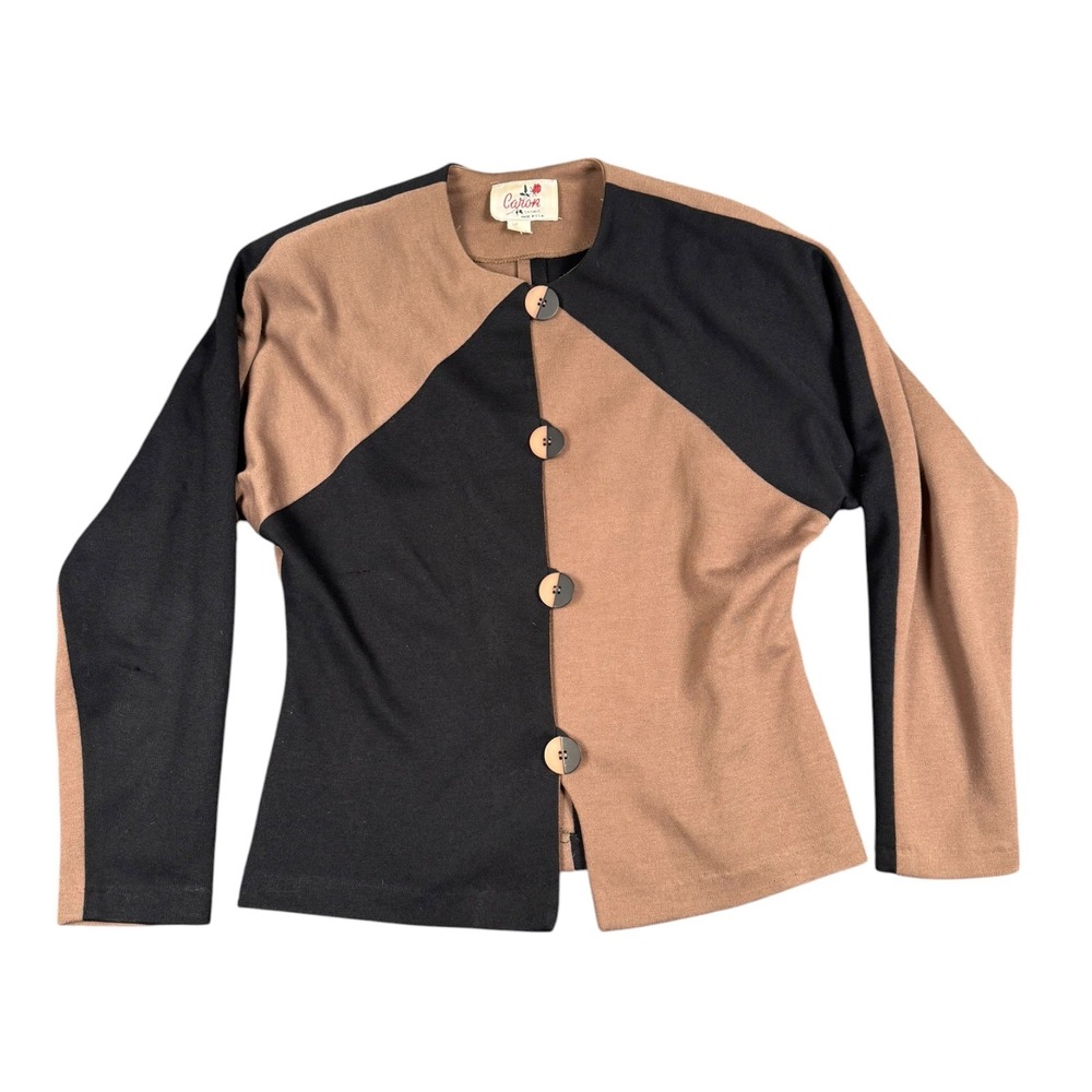 Vintage Caron Chicago Colorblock Knit‎ Jacket Tan Black Shoulder Pads Size 8 822
